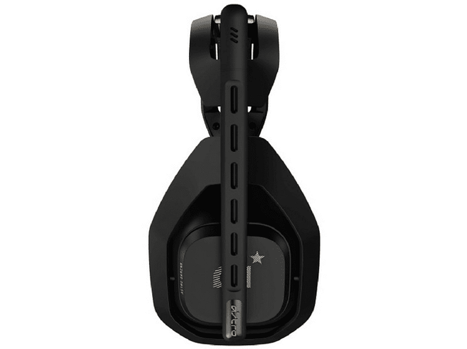Widok z góry na czarne słuchawki. Widoczny tekst 'ASTRO' i logo.