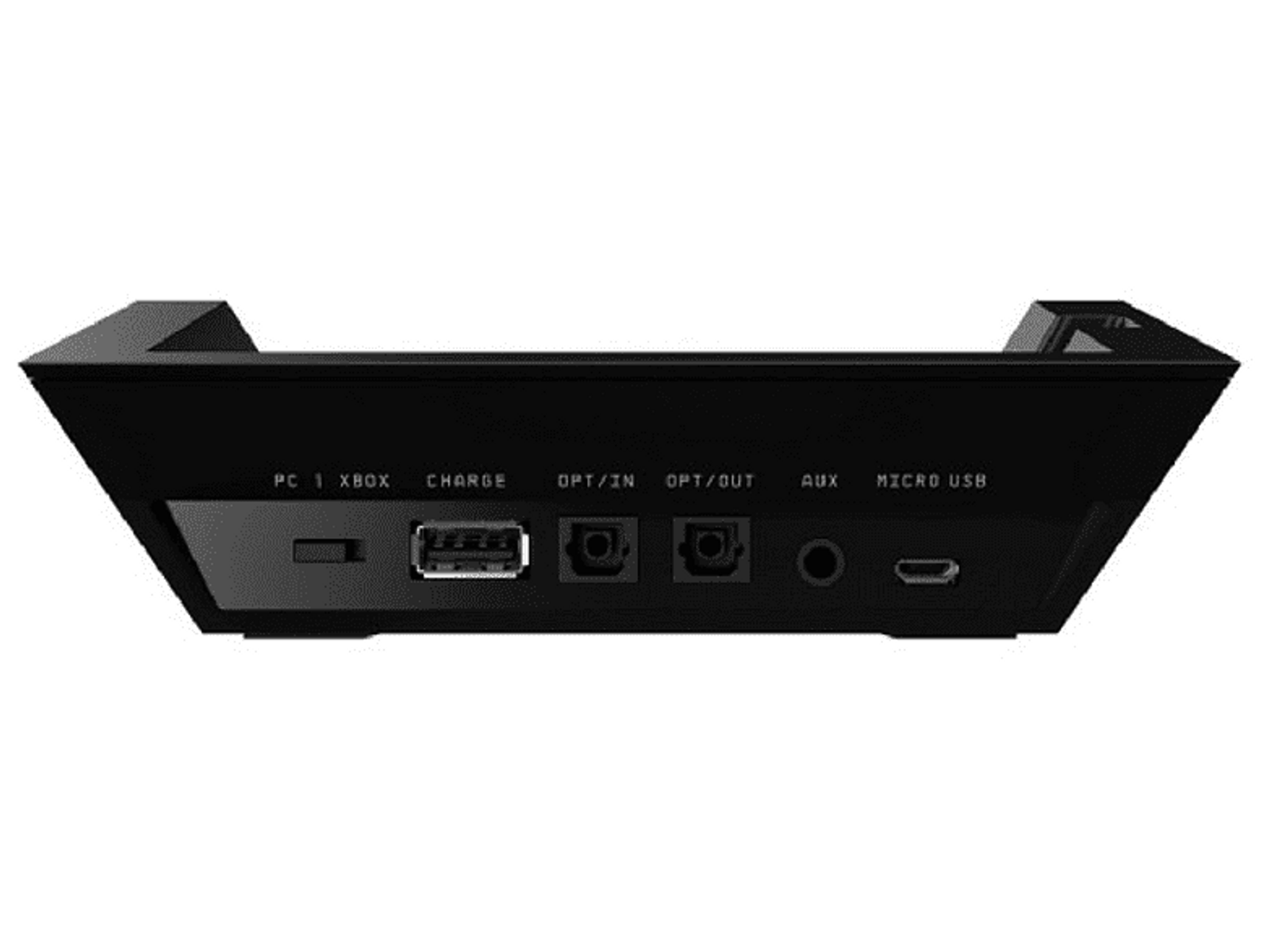 Czarna podstawa z różnymi portami, w tym USB, Aux i Micro USB. Etykiety na podstawie.