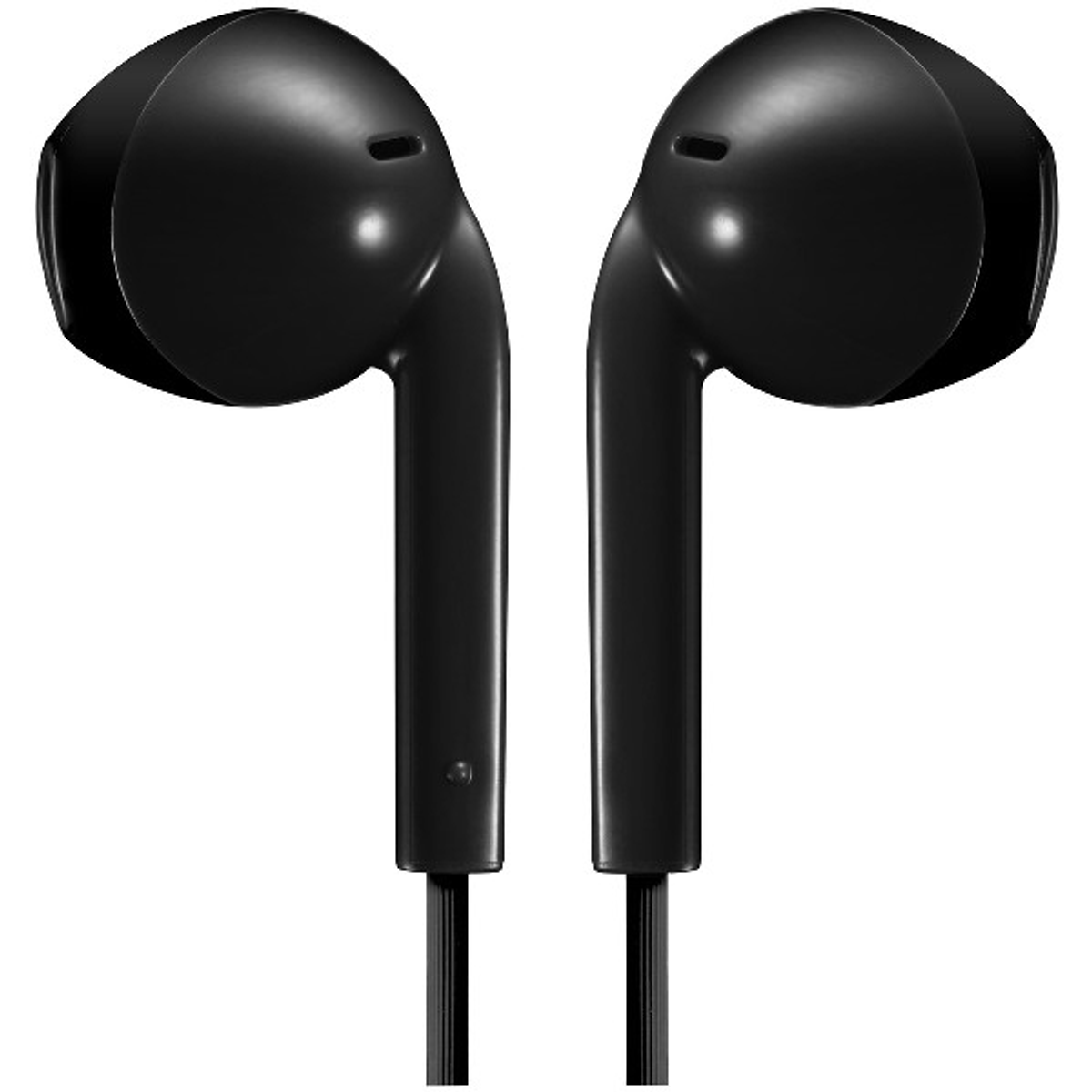 Dwa czarne słuchawki z trzonkami, wiszące na białym tle.