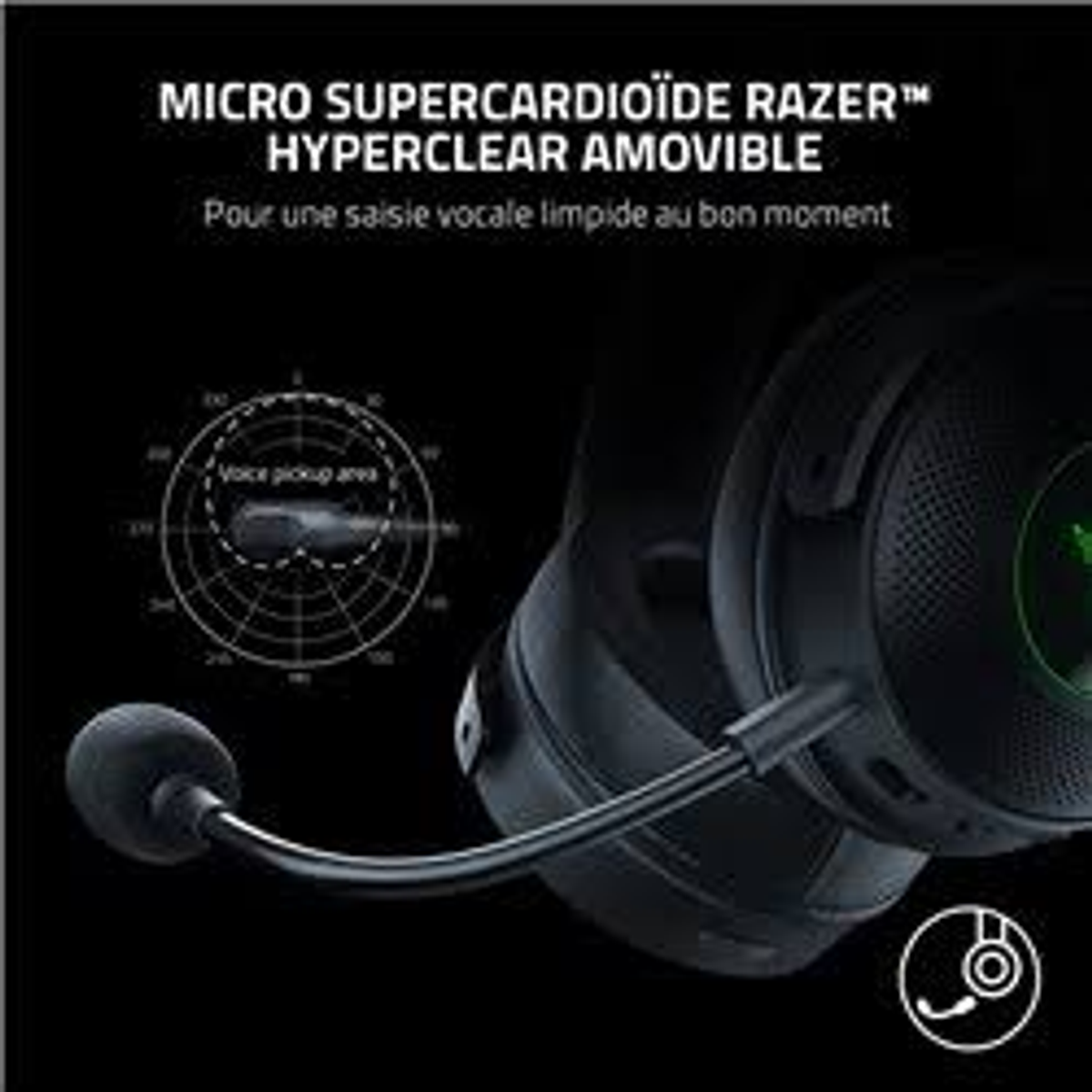Black headset with a microphone and text about sound quality.