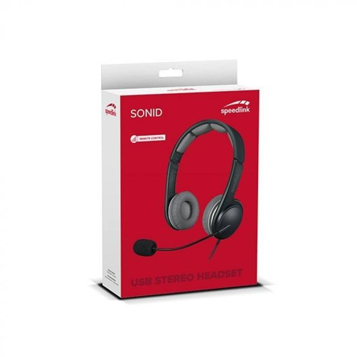 Speedlink Sonid USB-Stereo-Headset-Box. Rote Box, schwarzes Headset, mit Mikrofon. Weißer Hintergrund.