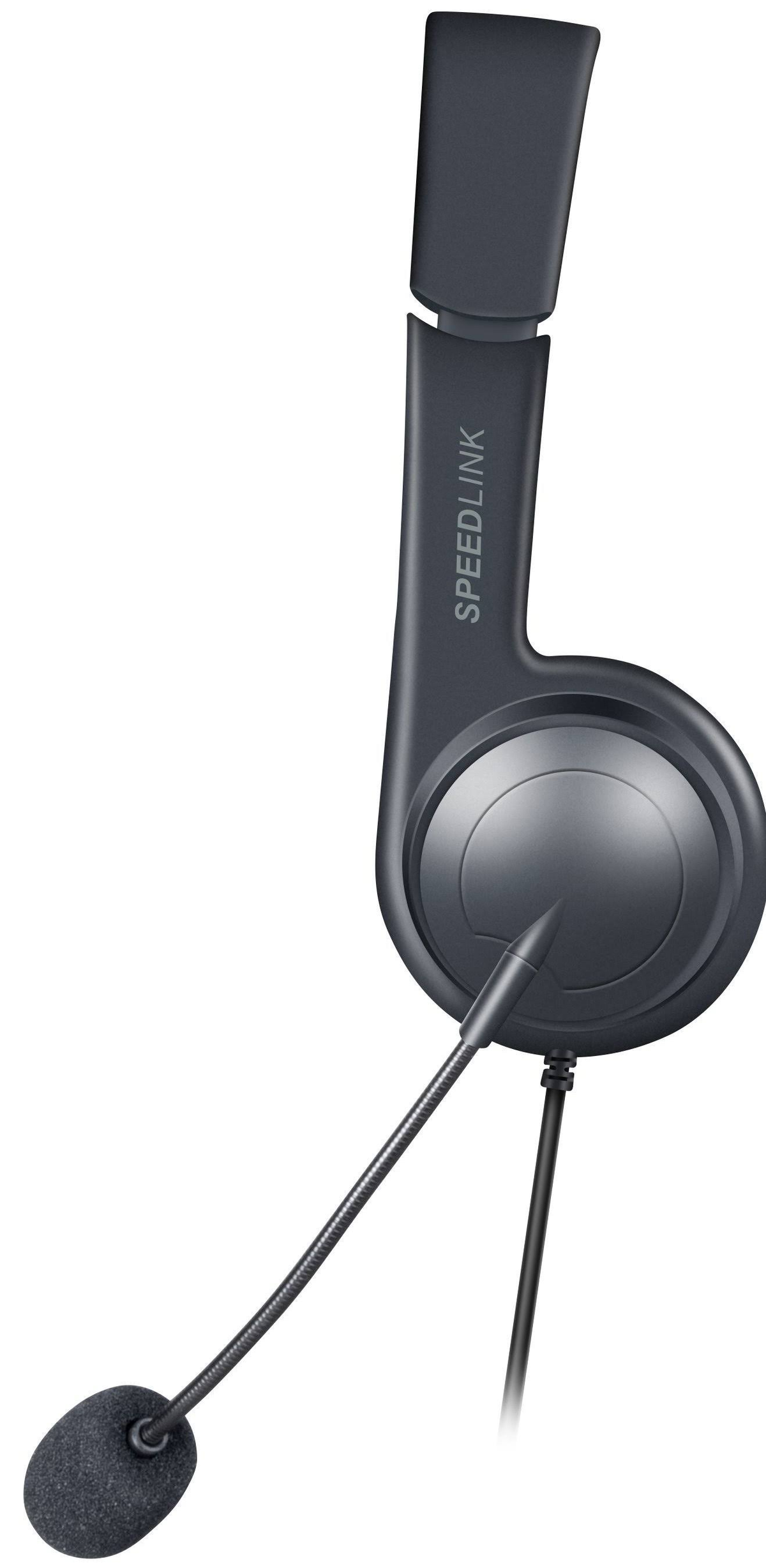 Schwarzes Headset mit Mikrofon. Das Headset ist schlank mit geschwungenem Design, Markenname Speedlink.