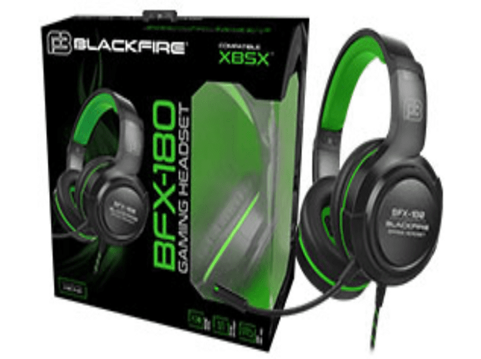 Auriculares gaming negros con detalles verdes y caja con texto. Auriculares visibles.