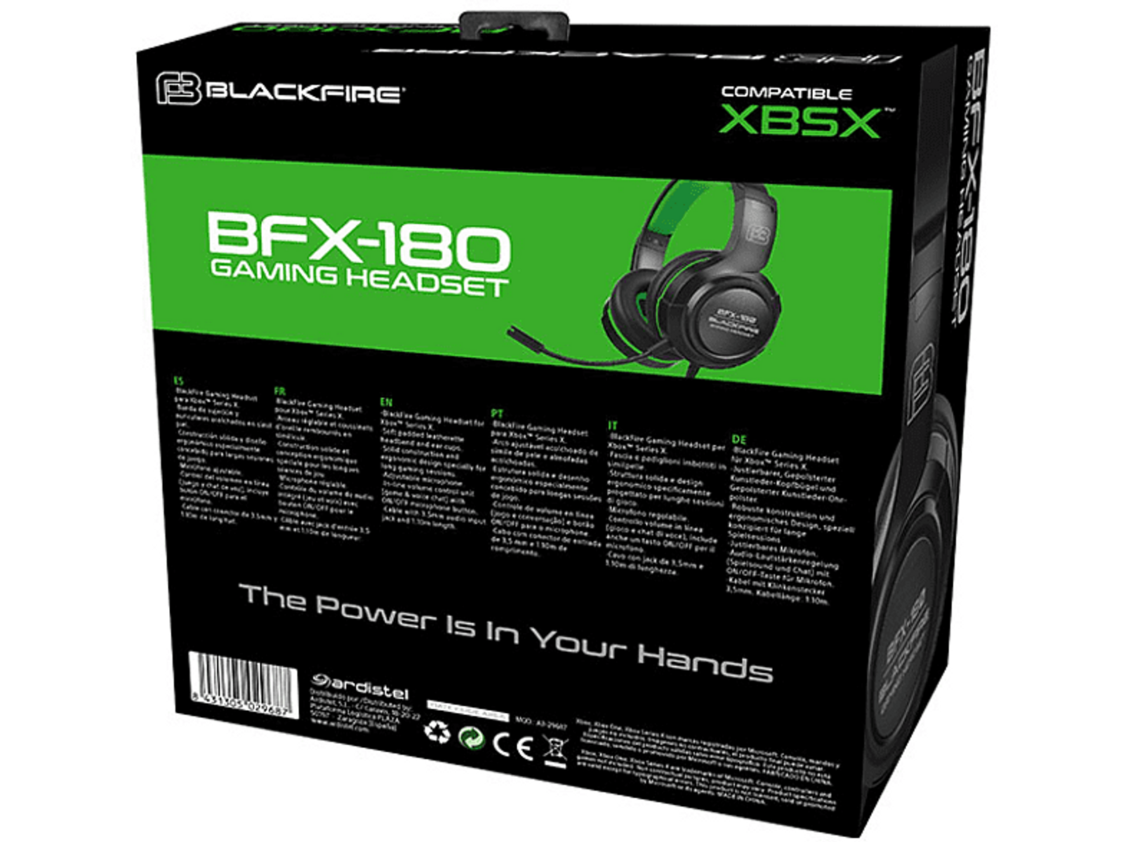 Caja de auriculares gaming Blackfire. Caja negra con detalles verdes, gráfico y texto.