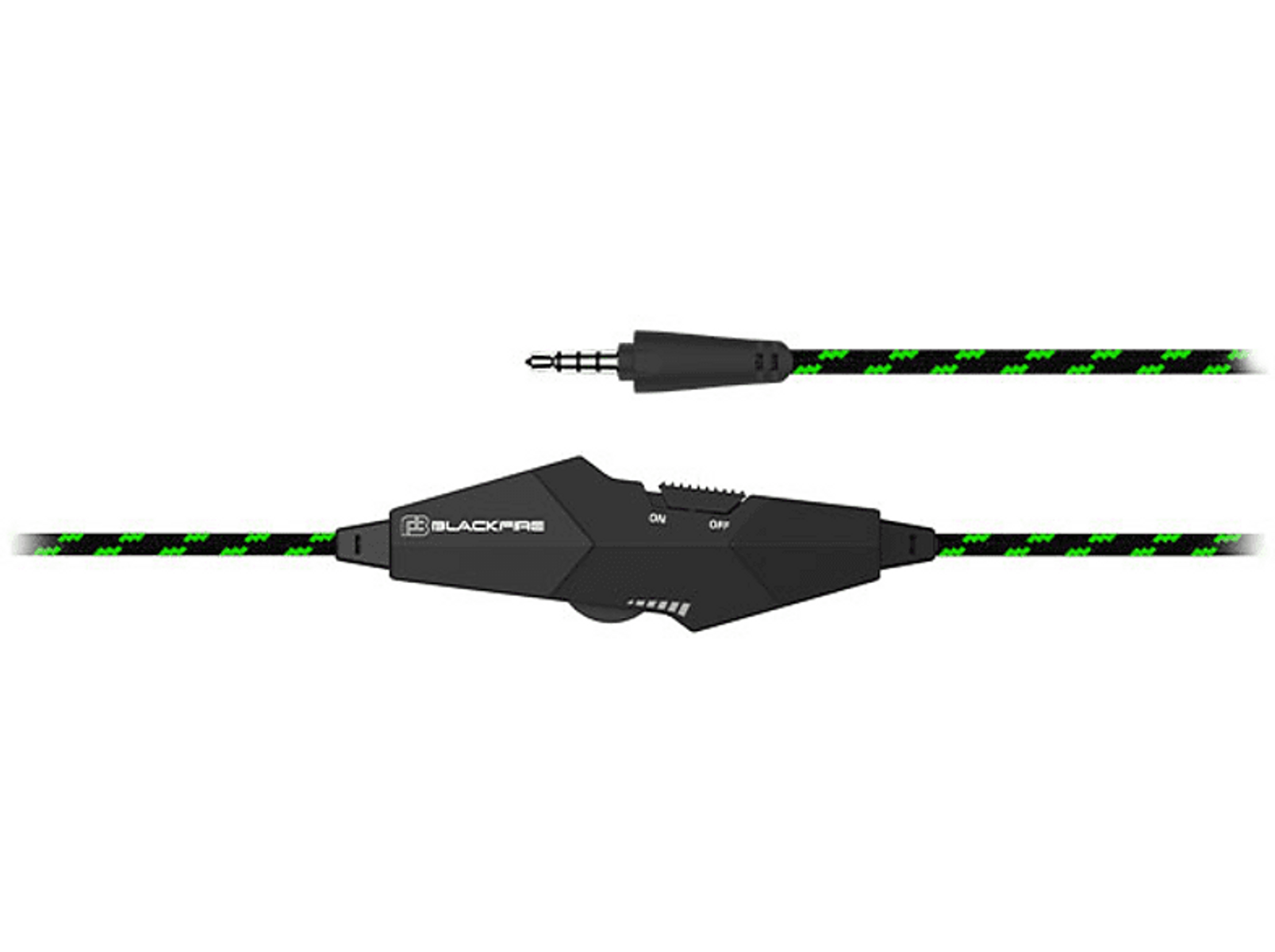 Cable Blackfire con detalles verdes y un módulo de control. El cable termina en un conector jack.
