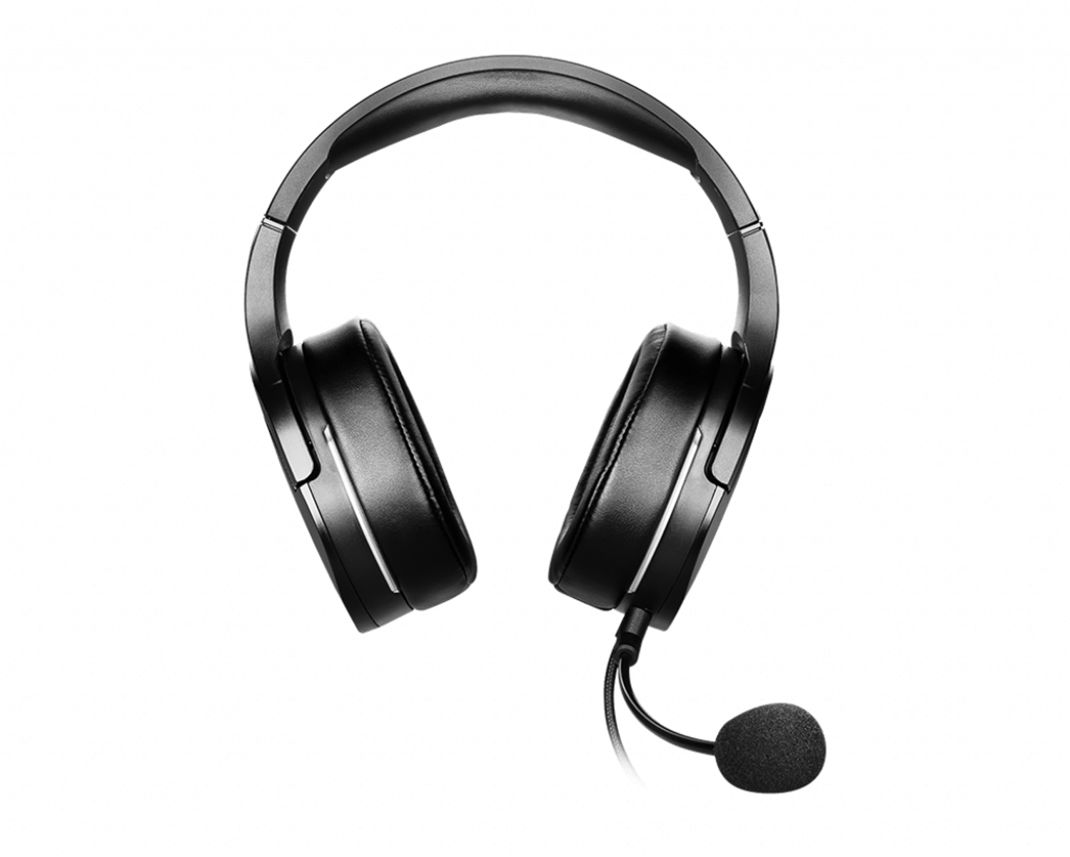 Auriculares negros con micrófono sobre fondo blanco.