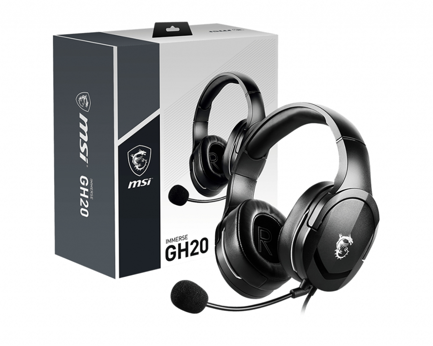 Auriculares gaming MSI GH20 negros, caja en el fondo. Los auriculares tienen un micrófono.