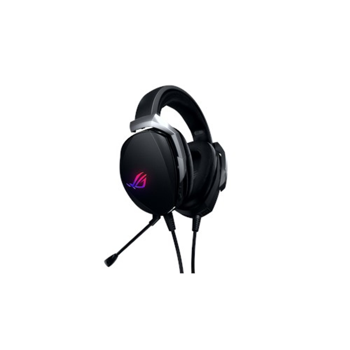 Schwarzes ROG-Gaming-Headset mit Mikrofon, beleuchtetem Logo. Weißer Hintergrund.