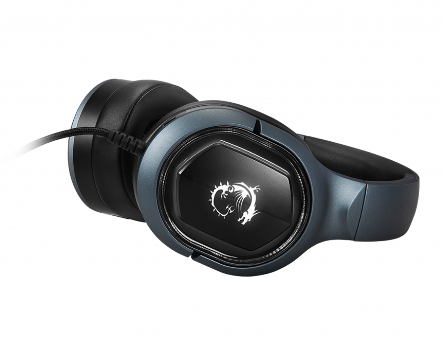 Auriculares gaming MSI, con un logo de dragón, diseño azul oscuro y negro, sobre blanco.