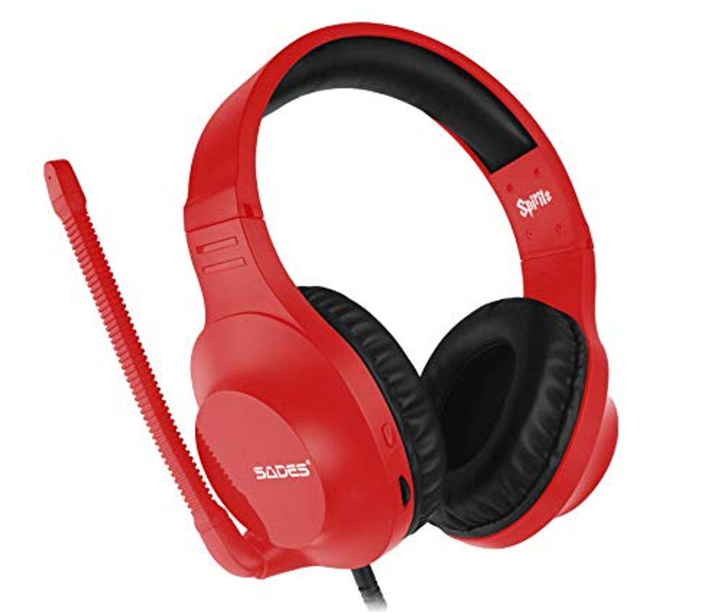 Rotes Gaming-Headset mit Mikrofon. Schwarze Ohrpolster und Kopfband. Weißer Hintergrund.