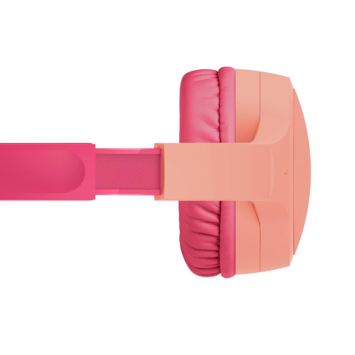 Cuffie rosa e color pesca pieghevoli su sfondo bianco. I padiglioni sono rosa.