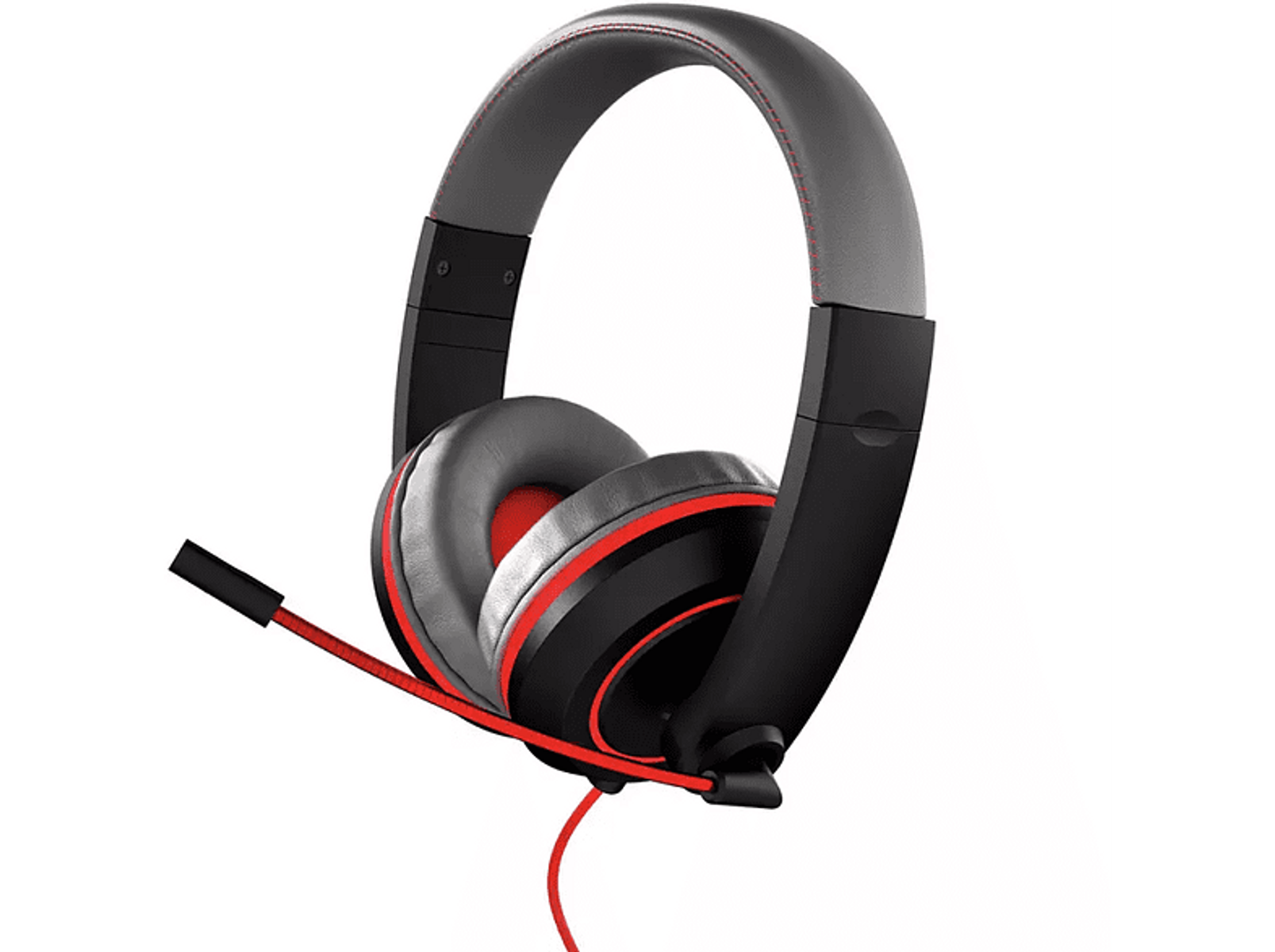 Zestaw słuchawkowy dla graczy z czerwonymi akcentami na czarno-szarym designie. Mikrofon po lewej. Białe tło.