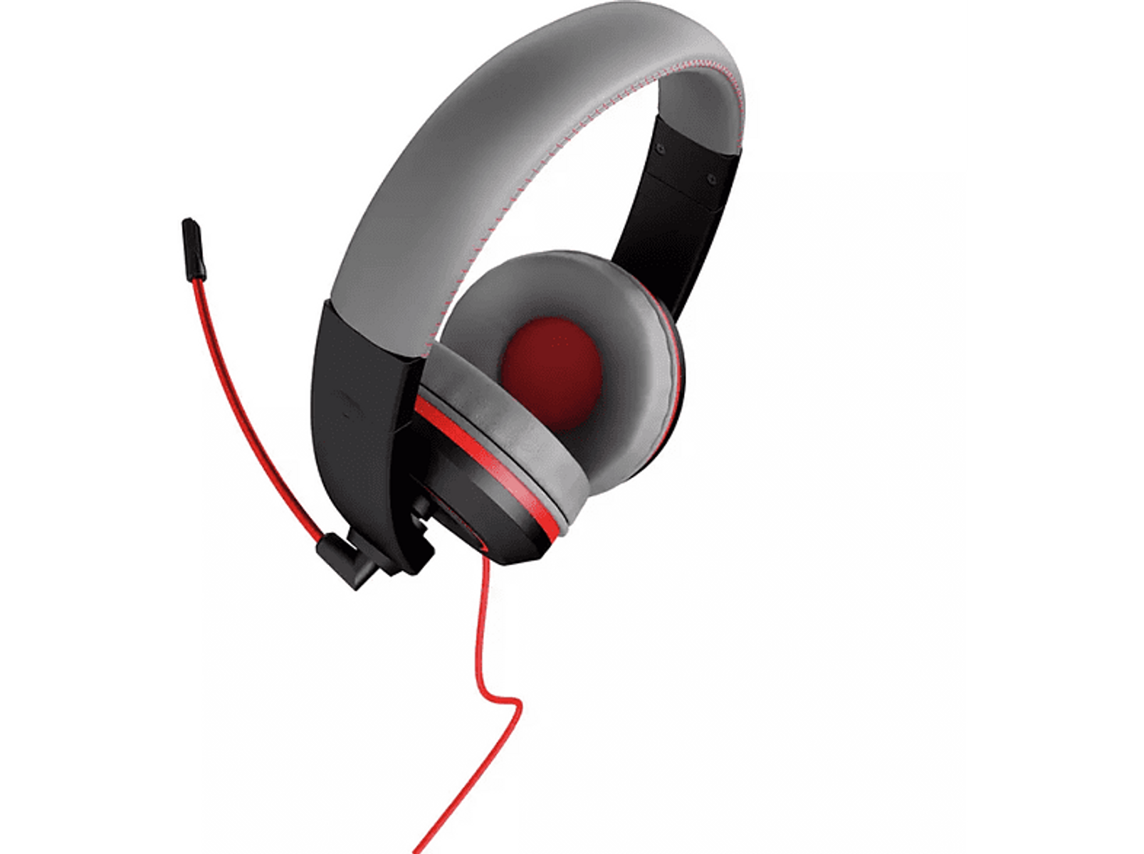 Zestaw słuchawkowy z szarymi i czerwonymi akcentami, czerwonym mikrofonem i kablem. Białe tło.