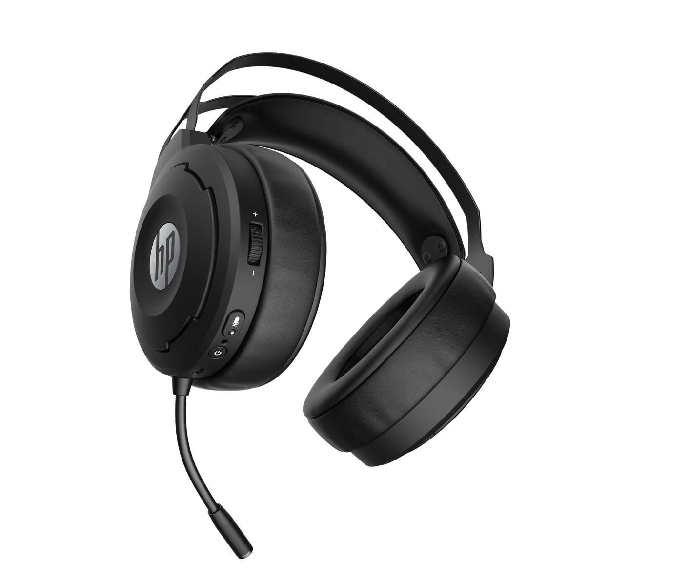 Cuffie da gioco HP nere con microfono. Rotella del volume e disattivazione microfono. Sfondo bianco.
