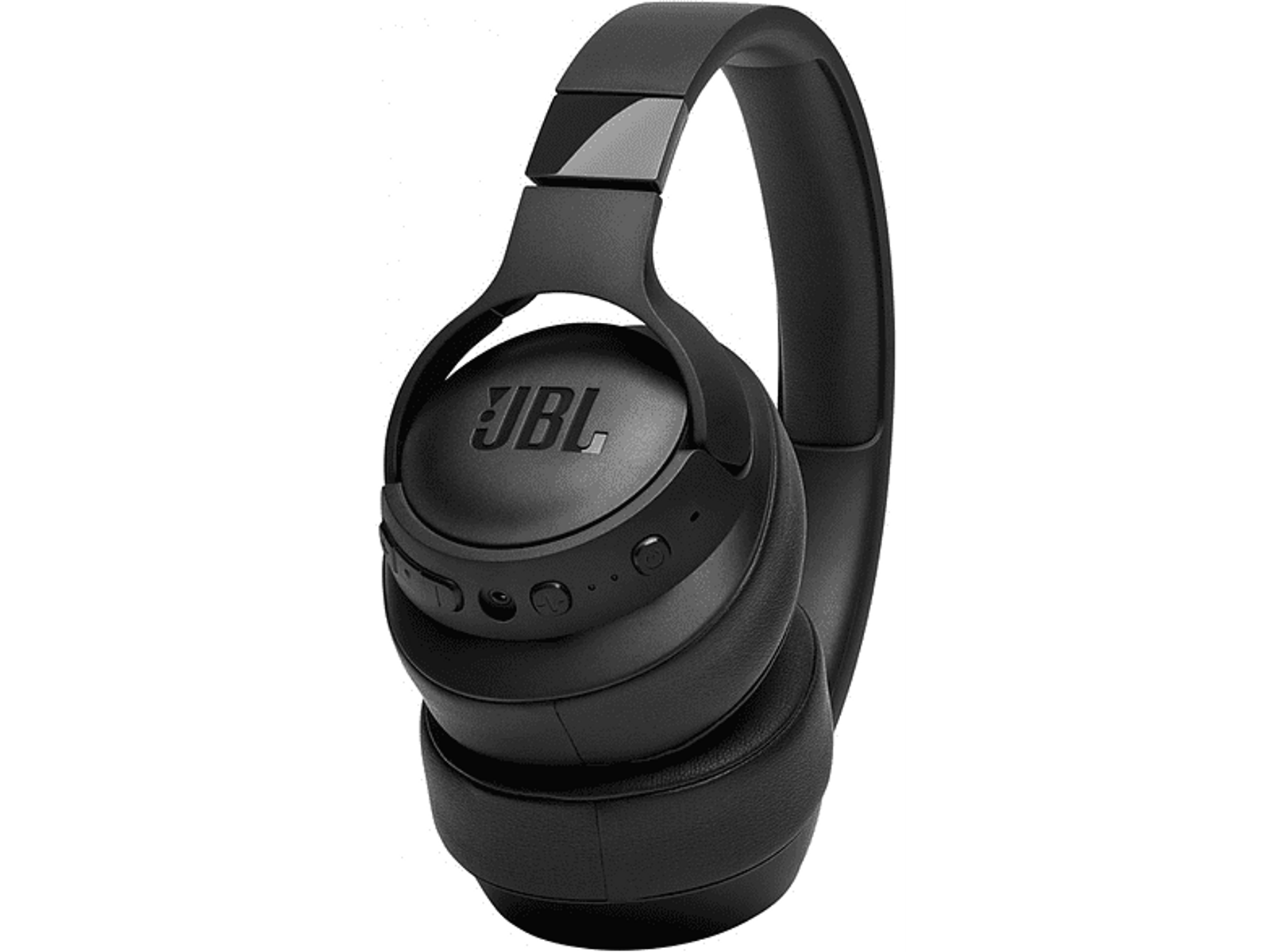 Auriculares JBL negros. Los auriculares y la diadema son visibles. El logotipo de JBL está en el auricular.