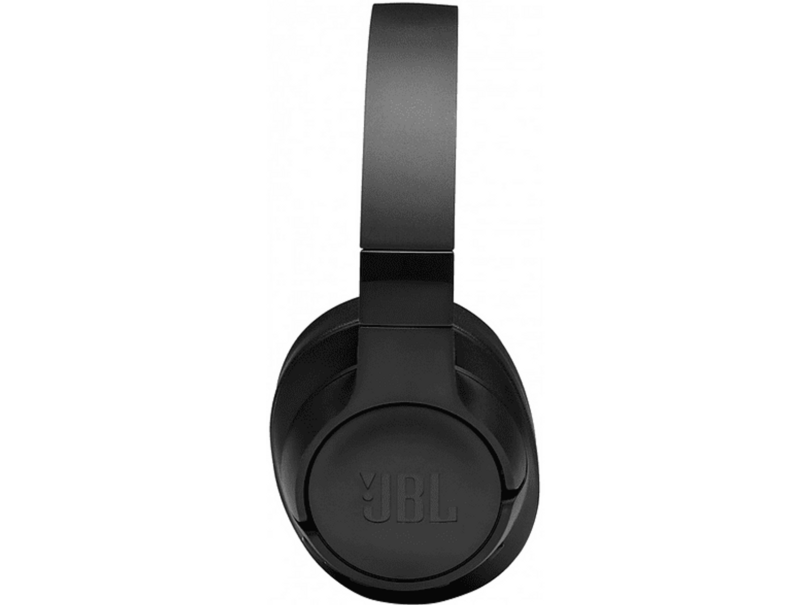 Auriculares JBL negros, vista lateral, sobre fondo negro.