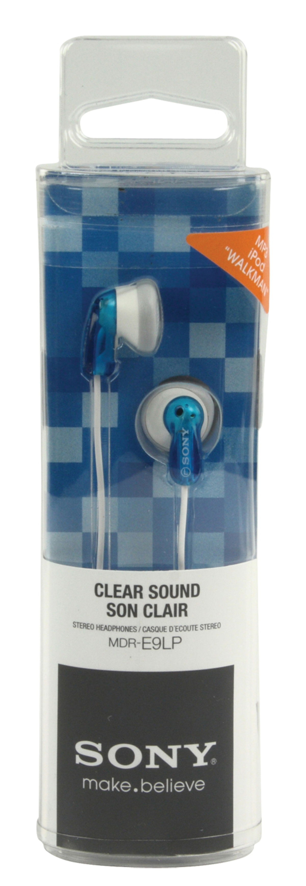 Écouteurs dans un étui en plastique transparent avec des accents bleus et la marque SONY.
