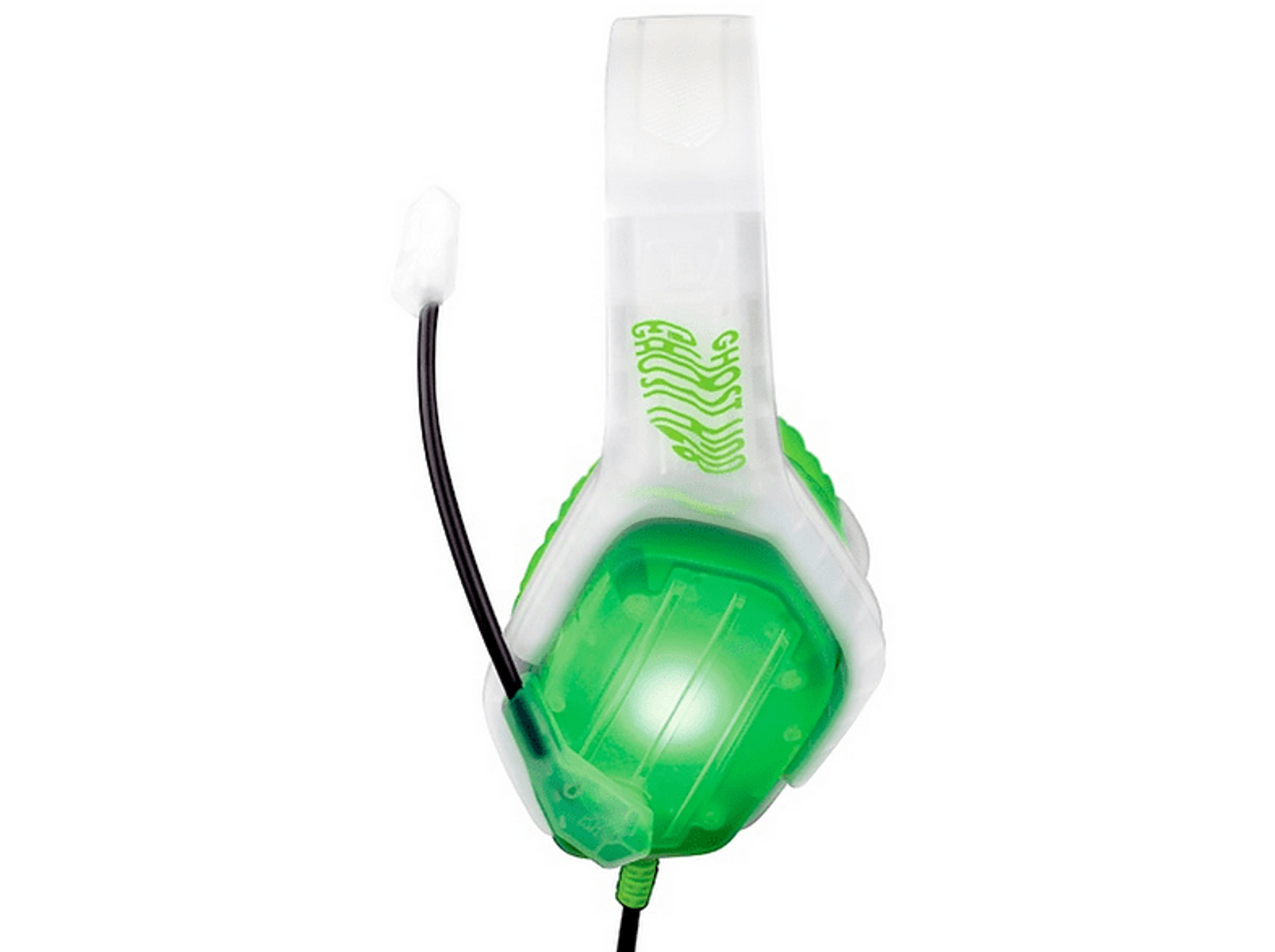 Cuffie da gioco verdi e bianche. Microfono nero, design verde e bianco. Isolato su sfondo nero.