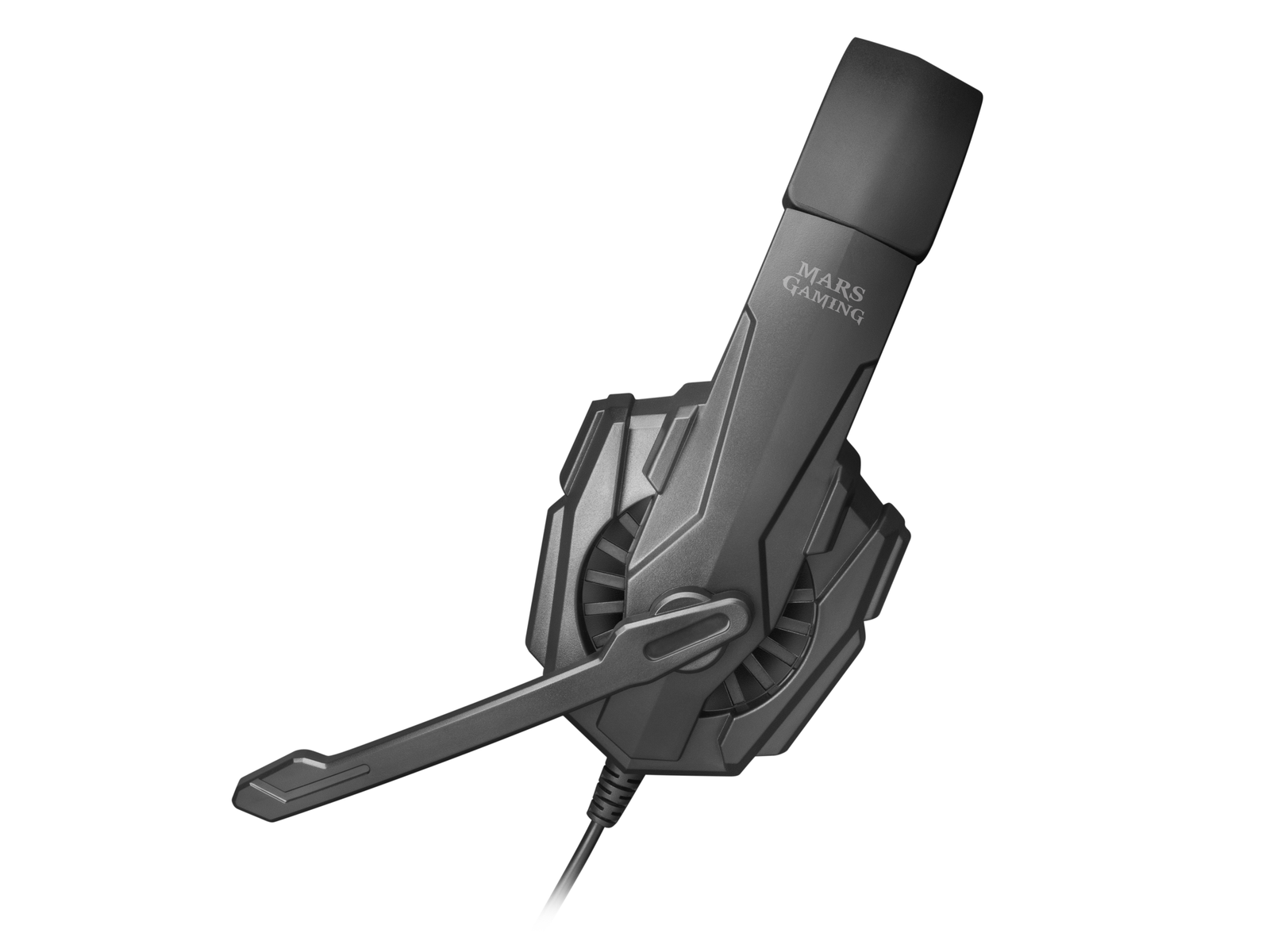 Ciemnoszary zestaw słuchawkowy dla graczy z elastycznym mikrofonem. Widok pod kątem, izolowany na białym tle.