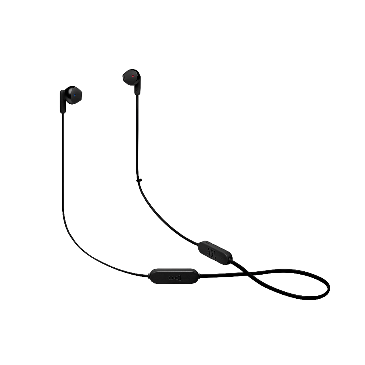 Czarne bezprzewodowe słuchawki z przyciskiem sterowania i białym tłem.