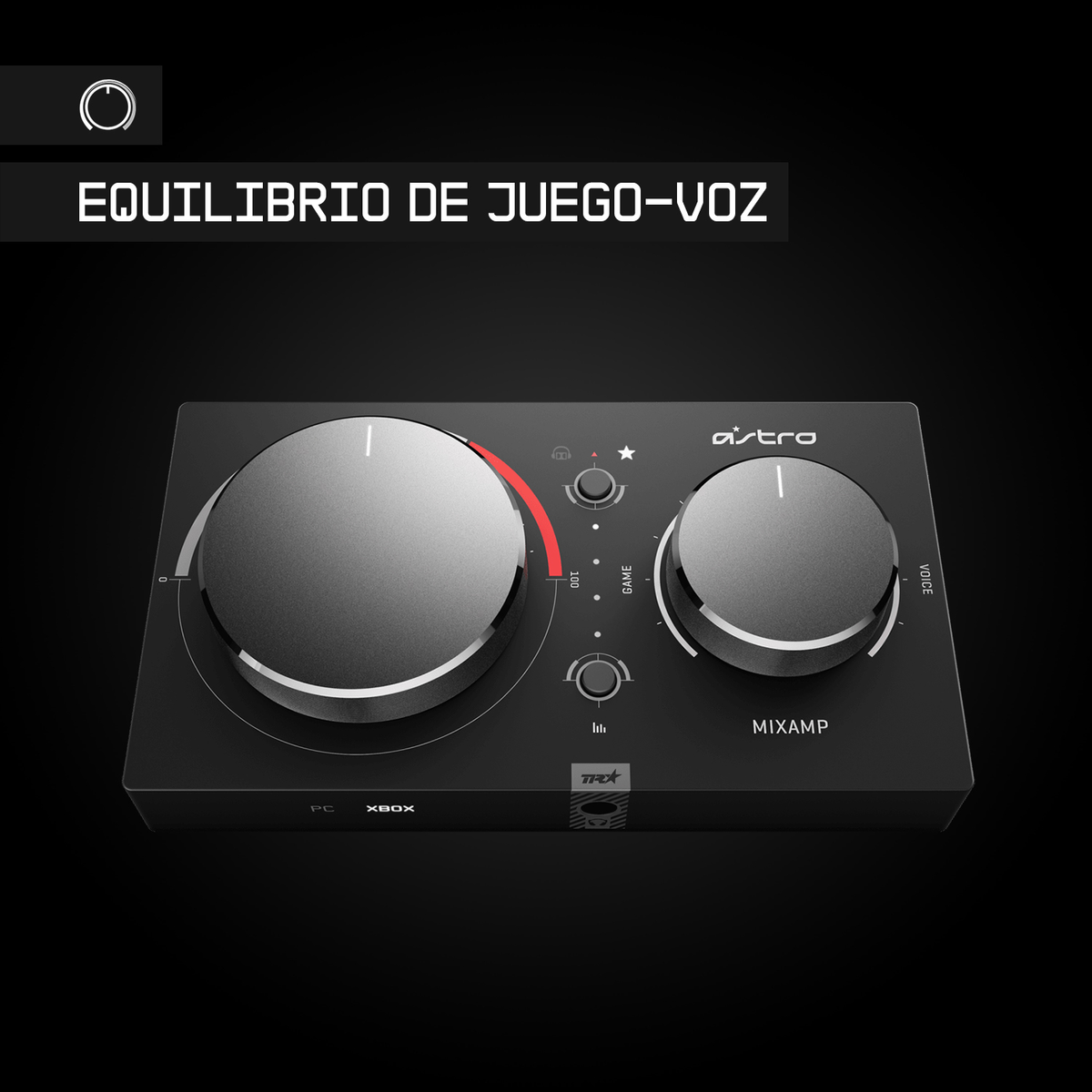 Astro MixAmp, schwarz mit zwei Drehreglern, einem roten Licht und Tasten. Es liegt auf schwarzem Grund.
