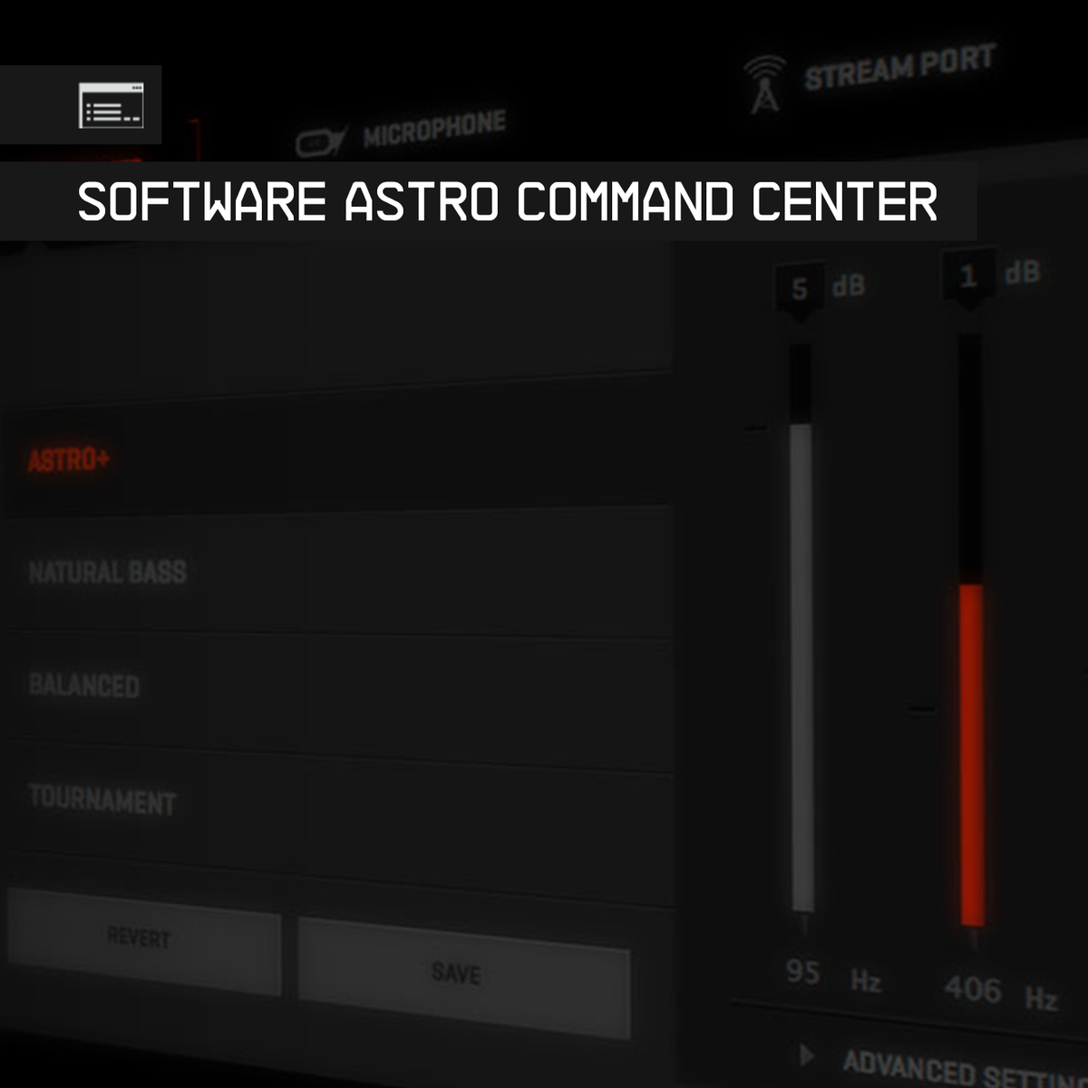 Oberfläche einer Software mit Diagrammen und Einstellungen. Der Text 'SOFTWARE ASTRO COMMAND CENTER' ist sichtbar.