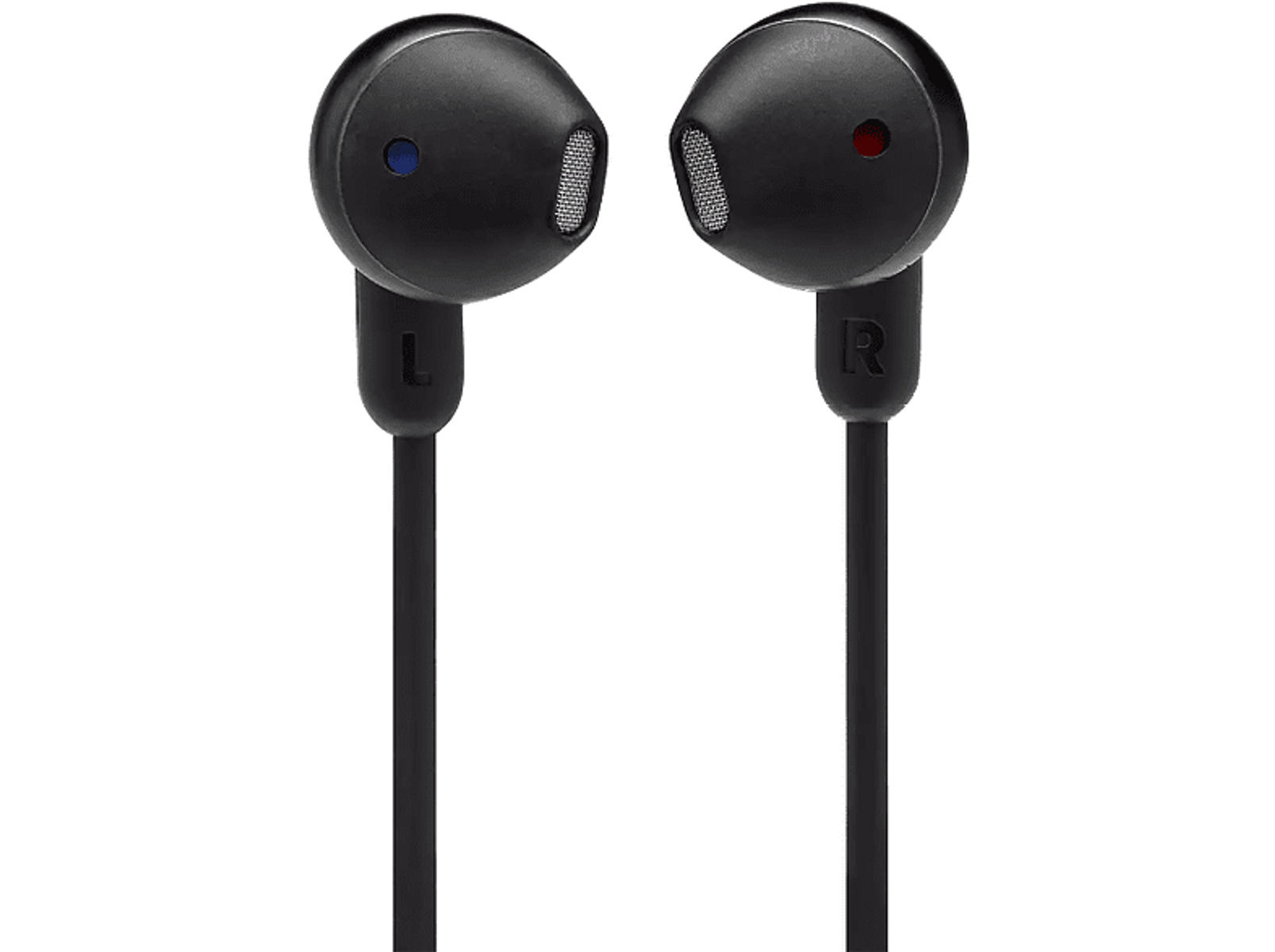Zbliżenie czarnych słuchawek dousznych z czerwonymi i niebieskimi oznaczeniami, połączonych czarnym kablem.