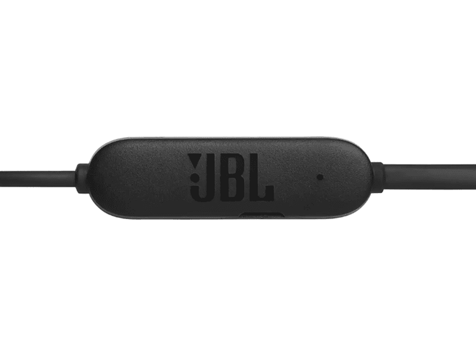 Czarny moduł sterowania JBL na czarnym kablu. Logo JBL jest widoczne.