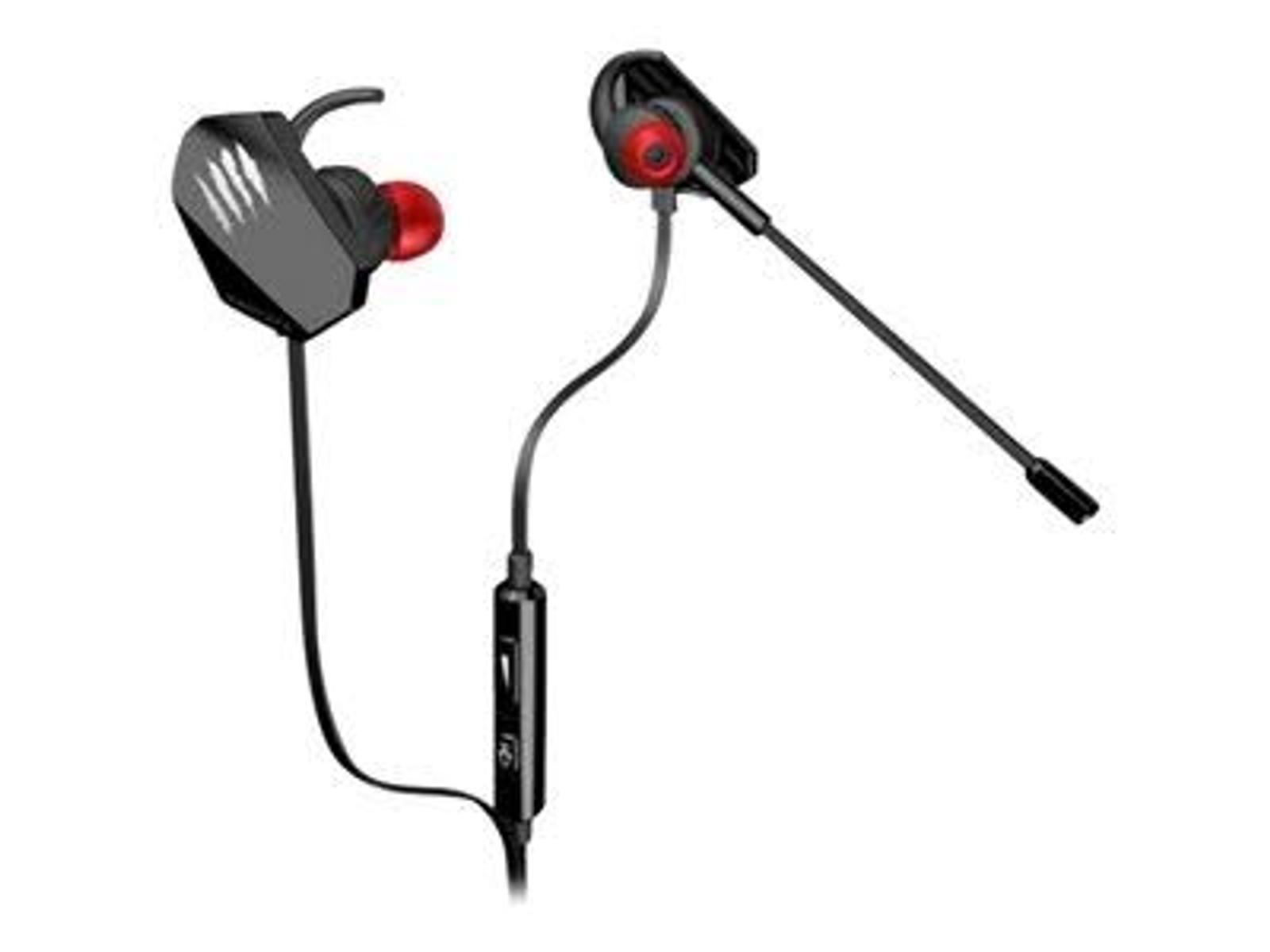 Auricolari da gioco neri e rossi con microfono. Isolati su sfondo bianco.
