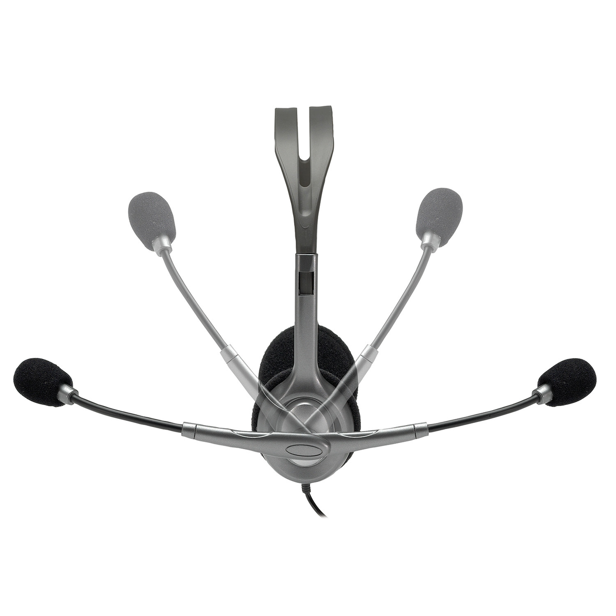 Headset mit vier Mikrofonen, die von einem zentralen Kopfteil ausgehen.