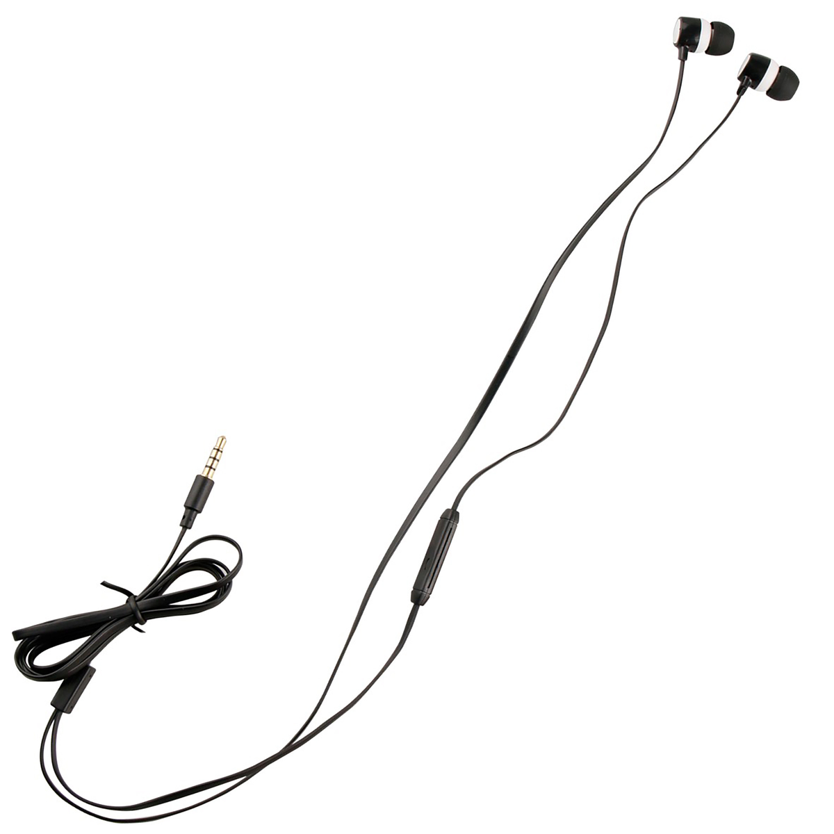 Auriculares con cable negros. Tienen un botón de micrófono y un conector de 3,5 mm.