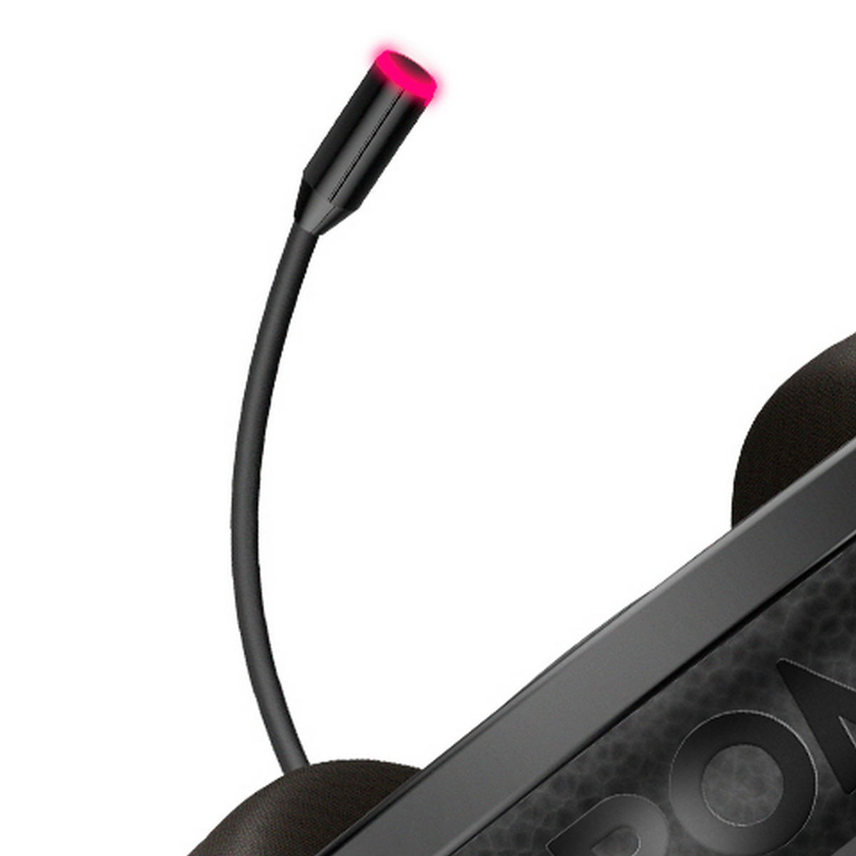 Nahaufnahme eines schwarzen Headsets mit rot beleuchtetem Mikrofon.