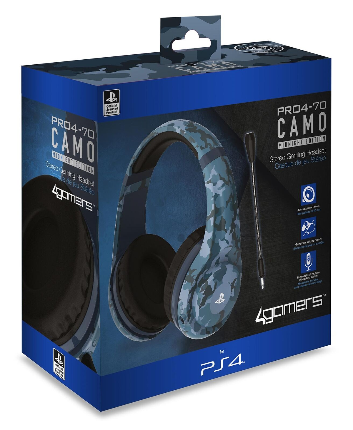 Eine schwarz-blaue Camo-Gaming-Headset-Box mit Headset und Zubehör.