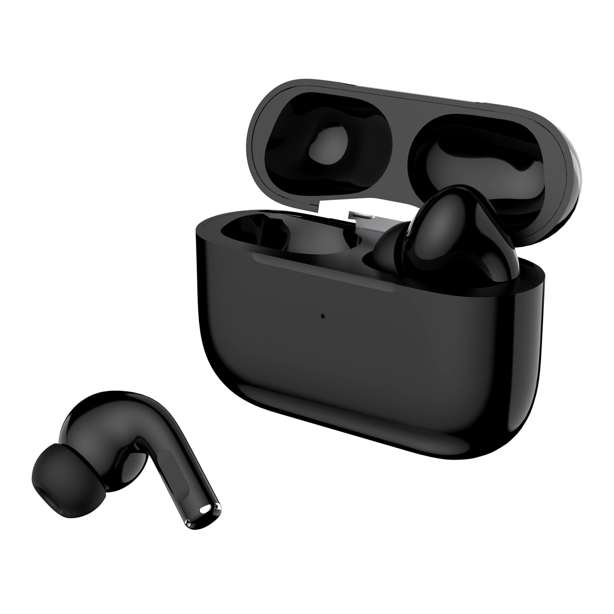 Auriculares inalámbricos negros con estuche de carga, un auricular fuera.