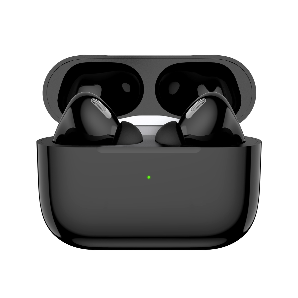 Auriculares negros en un estuche de carga negro con una luz verde, vistos desde arriba.