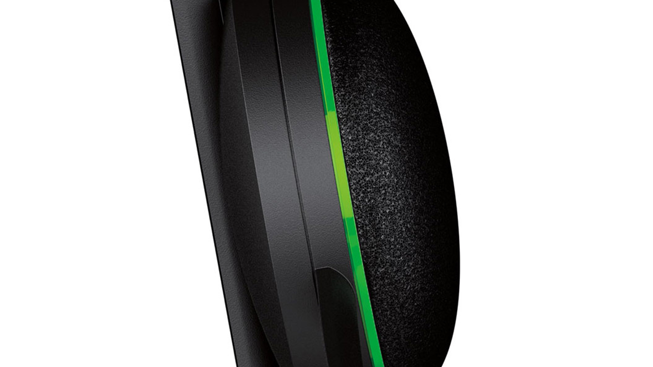 Czarny zestaw słuchawkowy z zielonym akcentem. Obraz to zbliżenie na muszlę słuchawkową.