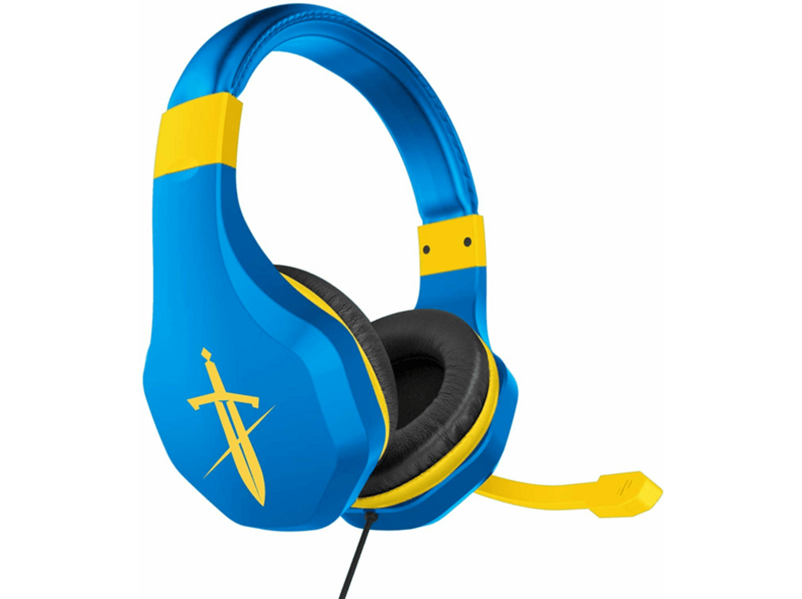 Cuffie da gioco blu e gialle. Un logo a spada è sull'auricolare.