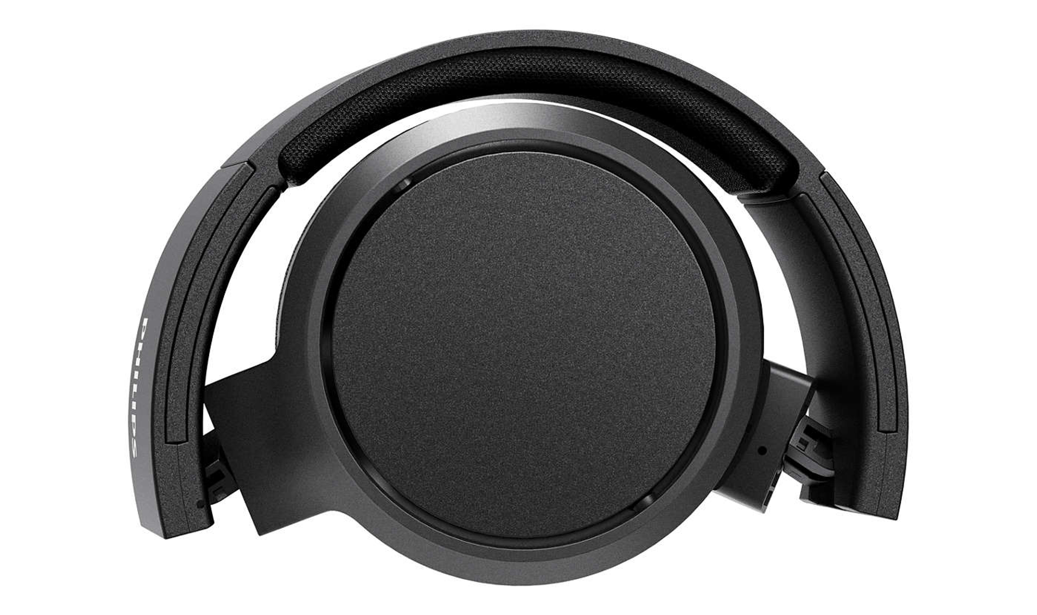 Czarny złożony słuchawki z nazwą marki.