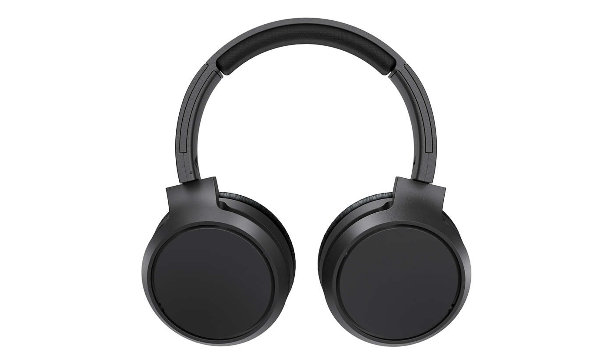 Czarne słuchawki o prostym designie. Słuchawki są na białym tle.