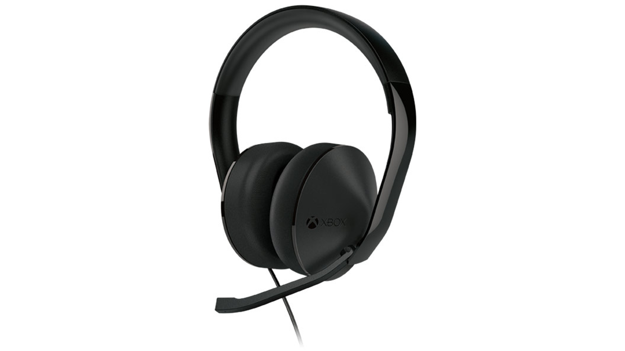 Auriculares Xbox negros con micrófono, fondo blanco.