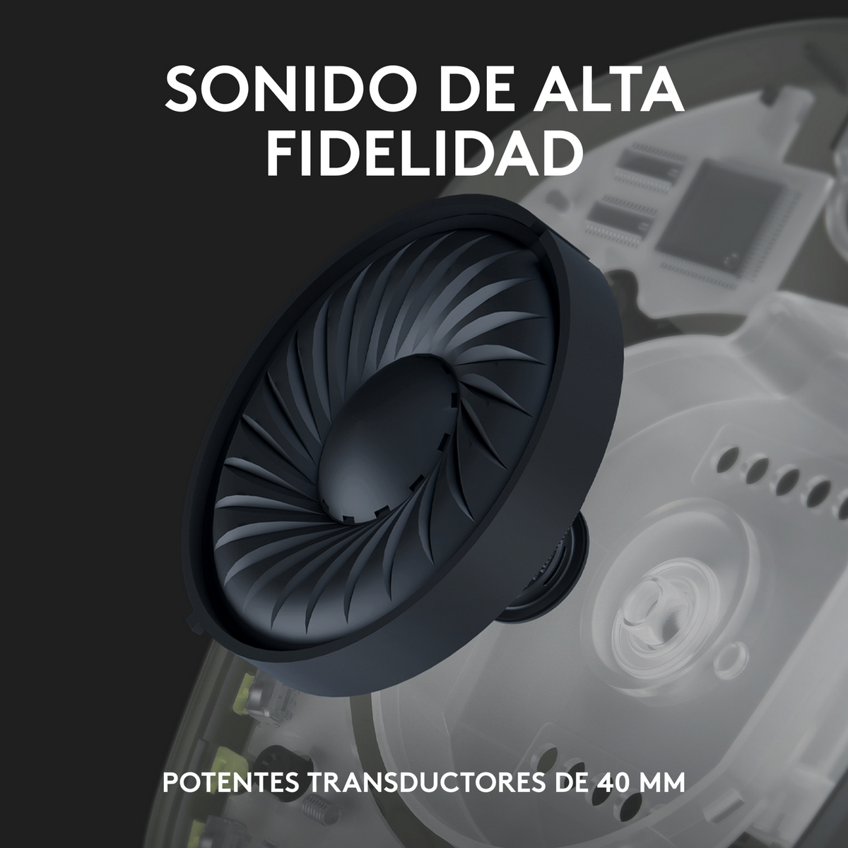 A close-up of a black speaker with the words 'SONIDO DE ALTA FIDELIDAD' above it.