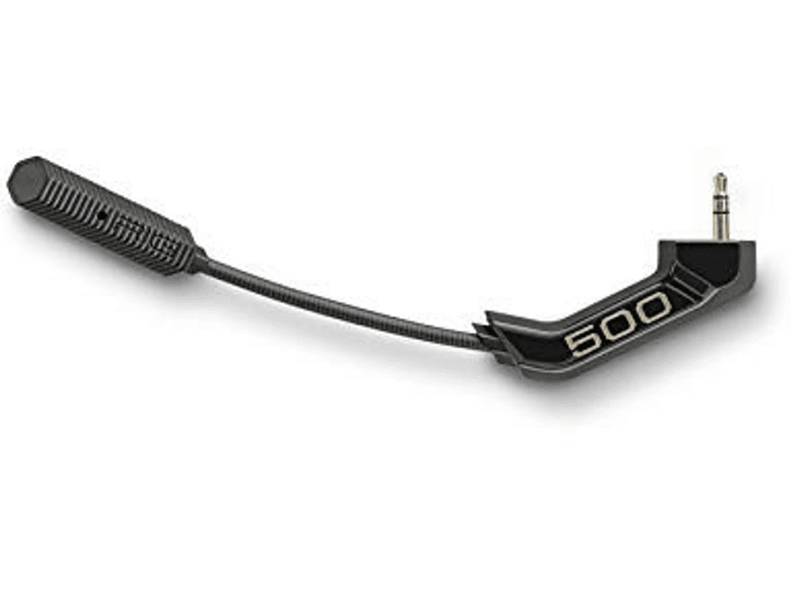 Czarny mikrofon z metalową siatką na końcu. Mikrofon łączy się z czarnym, kątowym adapterem z napisem '500'.