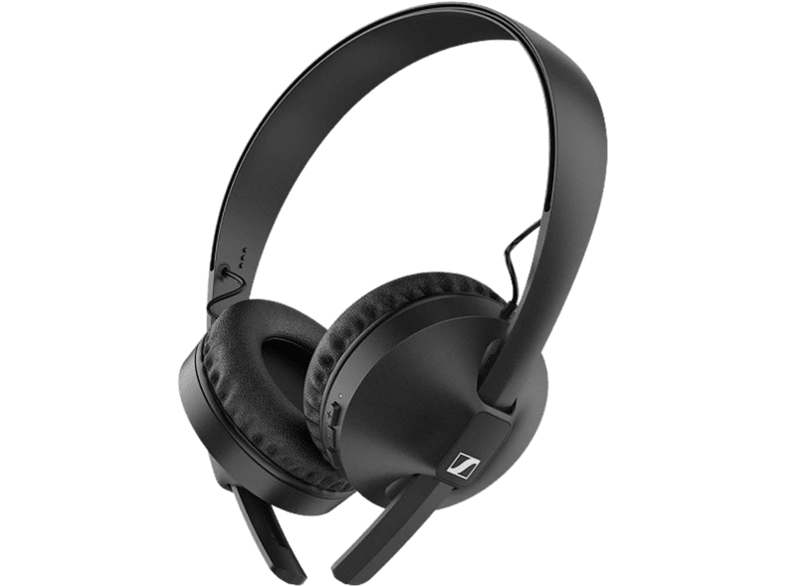 Casque noir avec microphone. Le casque est sur fond blanc.