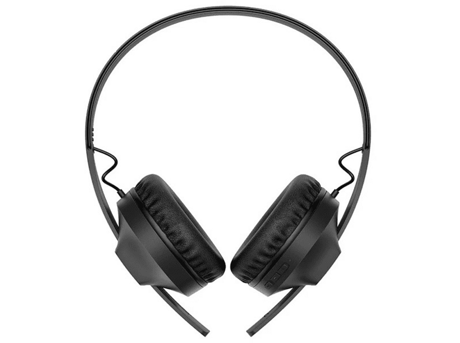 Casque noir sur fond blanc. Les écouteurs sont rectangulaires.