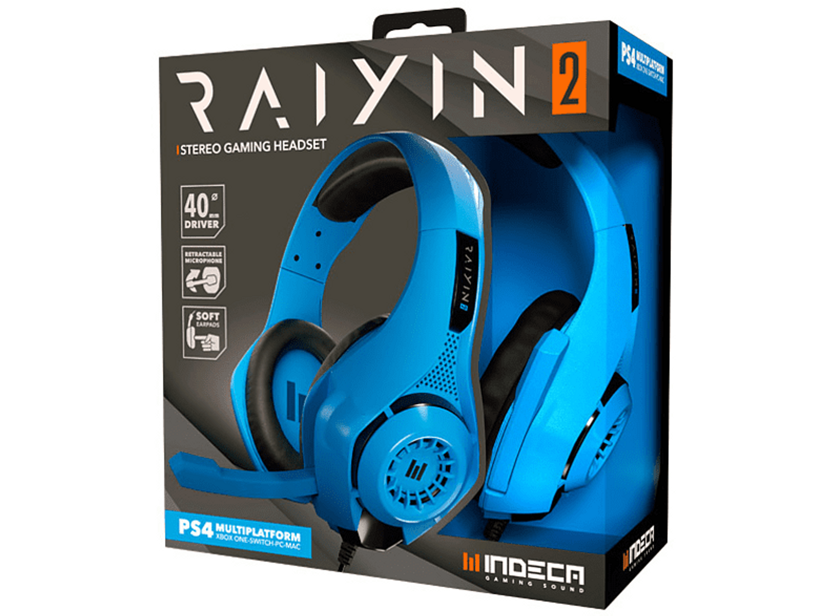 Cuffie da gaming blu nella loro scatola, design blu e nero, con microfono e nome del marchio.