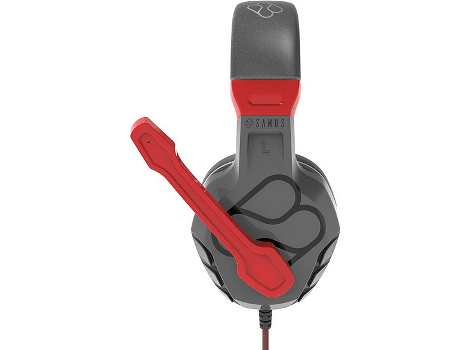 Szary zestaw słuchawkowy dla graczy z czerwonymi akcentami i mikrofonem.