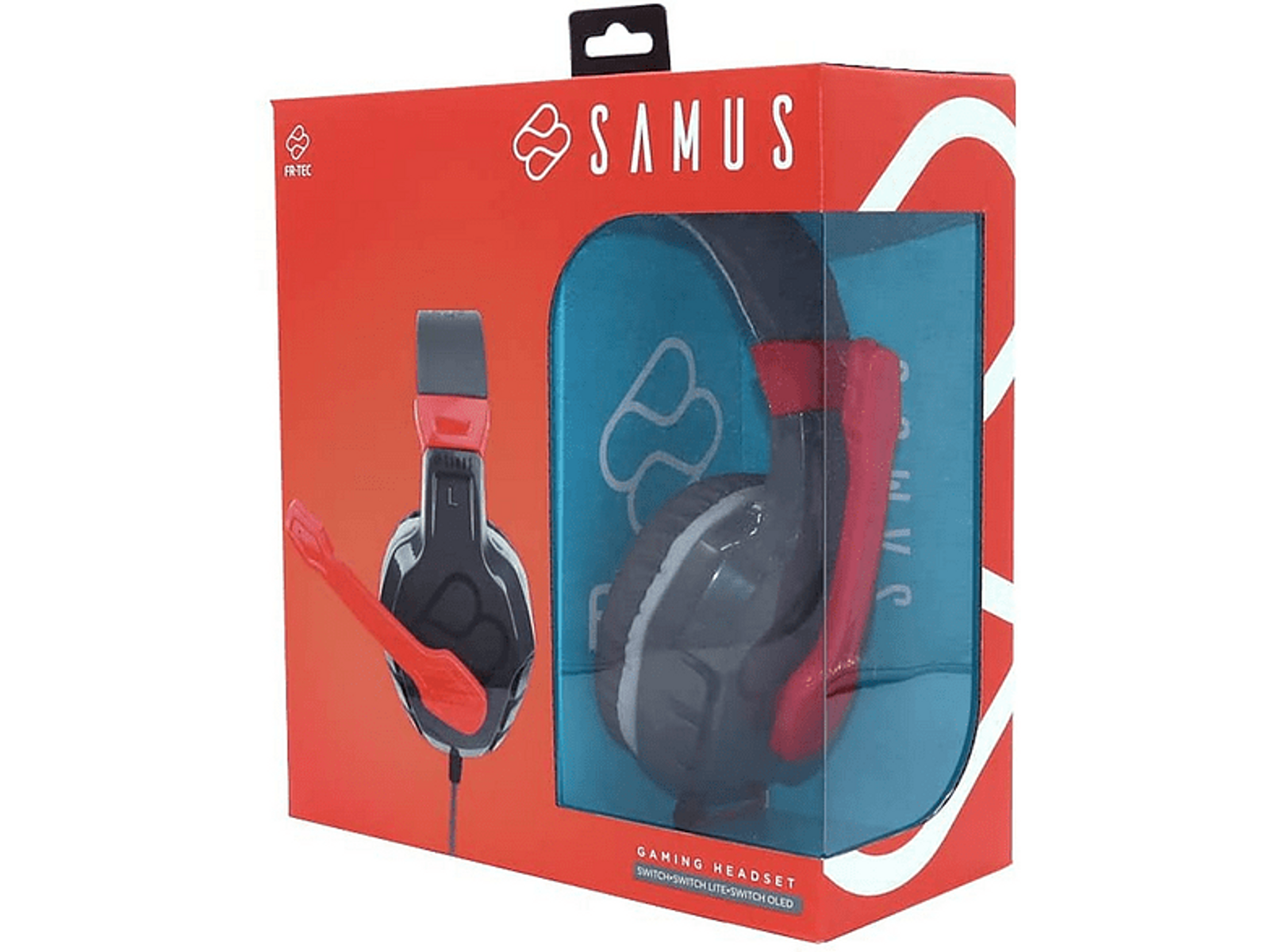 Zestaw słuchawkowy dla graczy w pudełku z czerwonym mikrofonem. Pudełko jest czerwono-czarne z marką SAMUS.