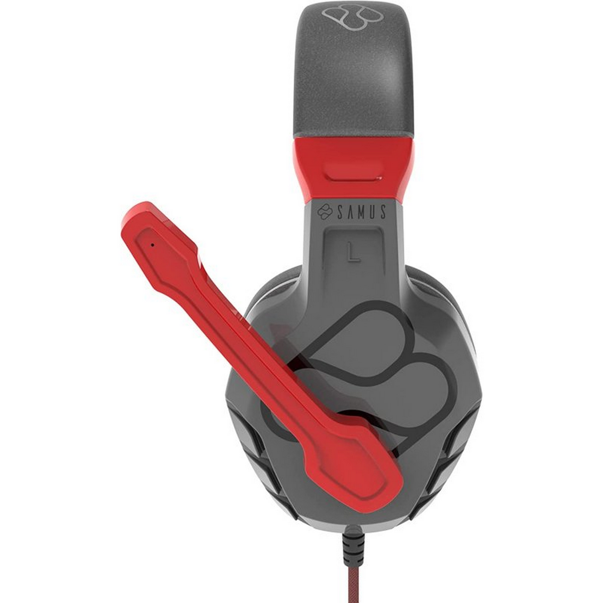 Szary i czerwony zestaw słuchawkowy do gier z dołączonym mikrofonem.