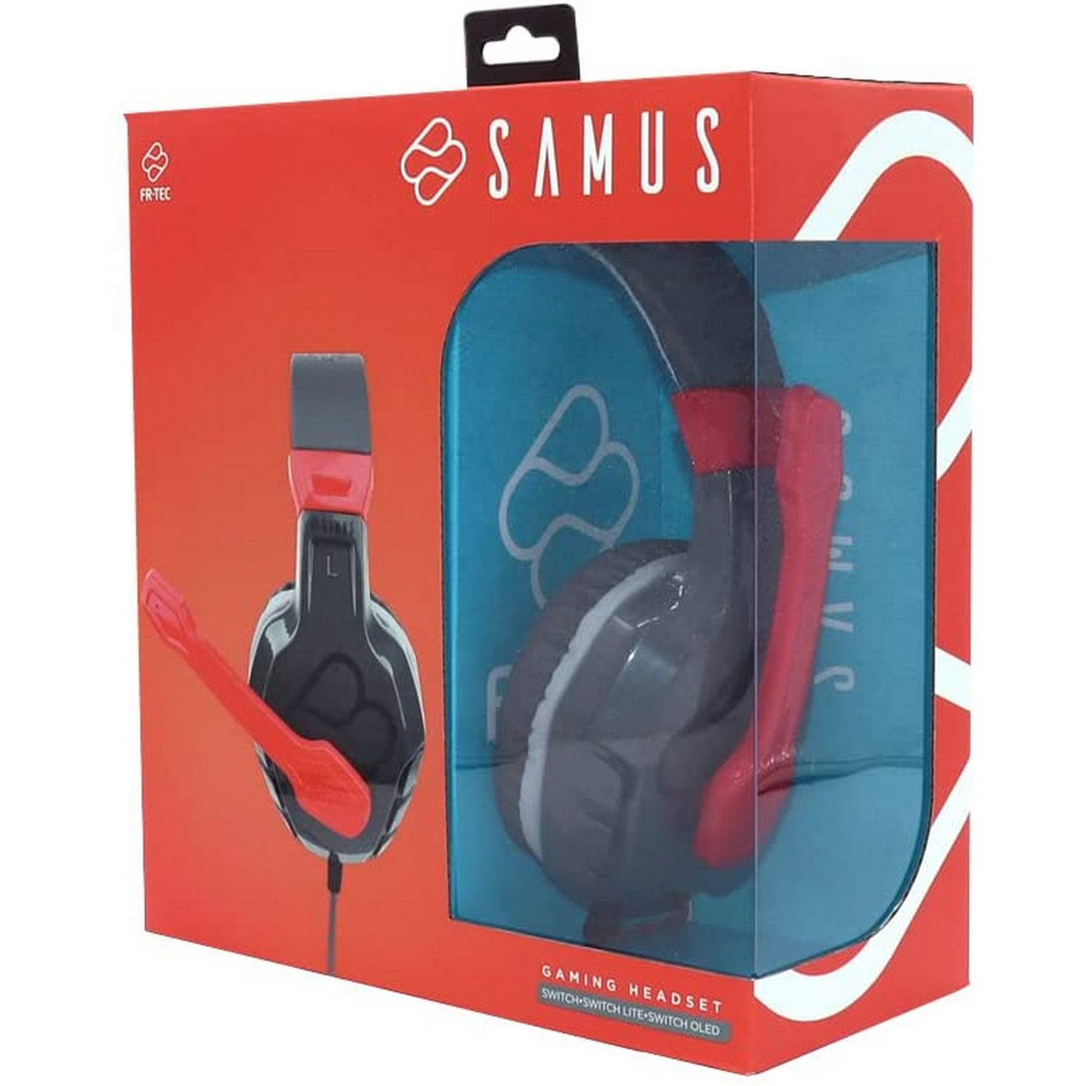 Słuchawki w pudełku. Czarno-czerwony zestaw słuchawkowy. Czerwone pudełko z logo Samus.