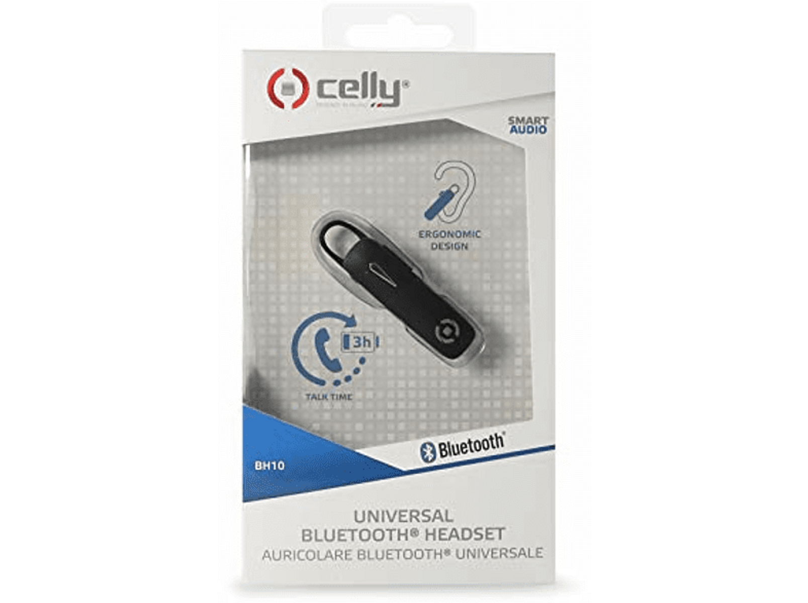 Ein schwarzes Bluetooth-Headset in seiner transparenten Verpackung. Es ist mit Markenname, Modellnummer und anderen Informationen versehen.